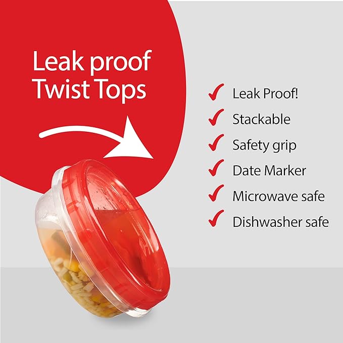 PLASTICPRO 12 Pack Twist Cap Food Storage Containers with Red Screw on Lid- 8 oz Reusable Meal Prep Containers - Freezer and Microwave Safe Red Plastic Food Storage