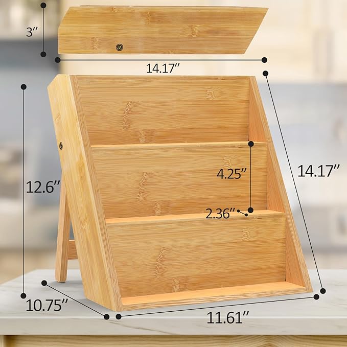 Bamboo Spice Rack Organizer for Kitchen Counter, 3 Tier Foldable Spice Shelf for Cabinet or Drawer (Jars Not Included)