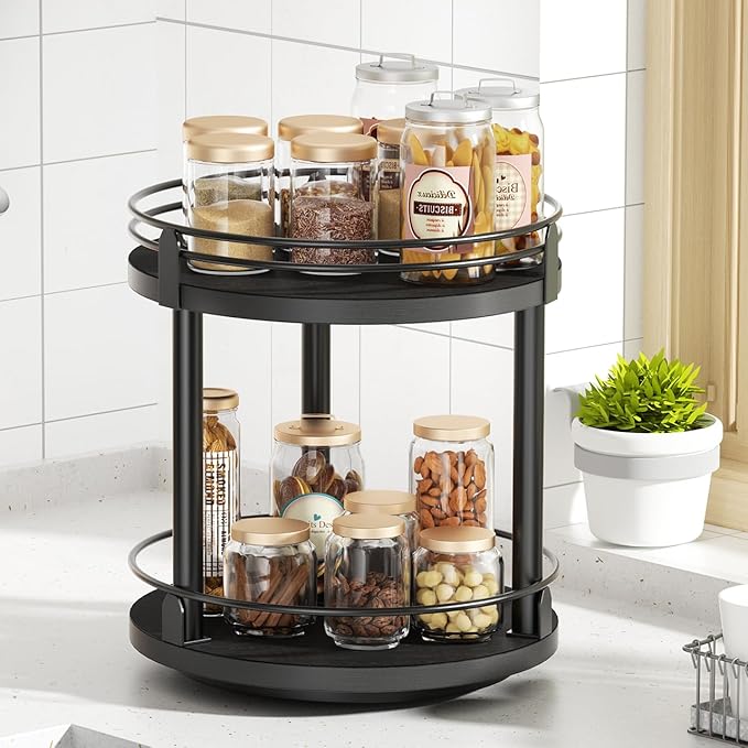 Lazy Susan Organizer, 2 tier Rotating Spice Rack, Lazy Susan 360 Degree Turntable Spice Holder Rack for Cabinet and Kitchen Countertop, Makeup Skincare Organizer Rack, Black