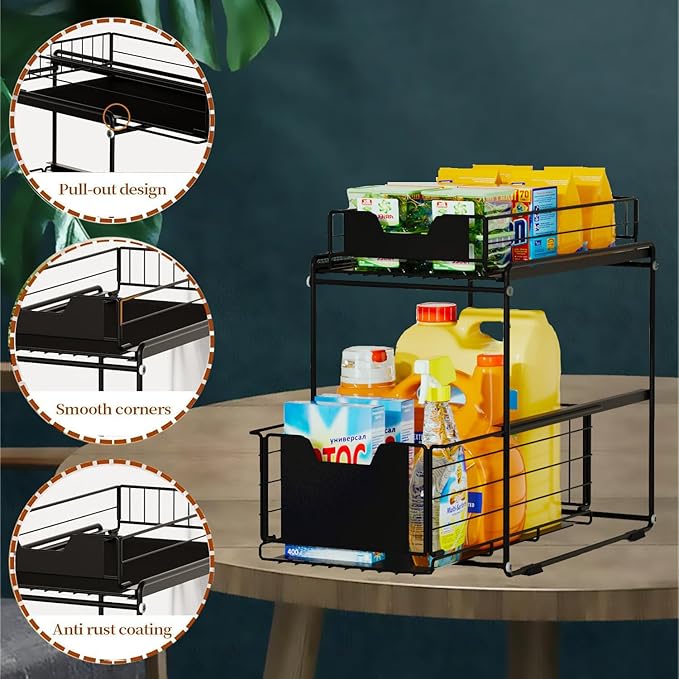 Under Sink Organizer Pull-out Kitchen Bathroom Organizer Spice Rack with Sliding Drawer, 2 Tier Storage Rack for Food Storage Room Makeup