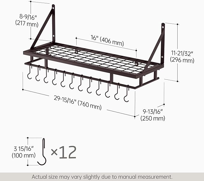 KES 30-Inch Oiled Bronze Pot Rack, Wall Mounted Hanging Pot and Pan Organizer with 12 Sturdy Hooks, Kitchen Wall Hanger Shelves Farmhouse Style, KUR215S75A-OB