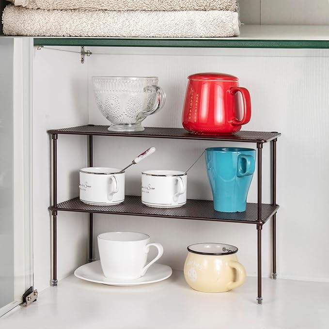 Lonian 2-Pack Kitchen Cupboard Shelf Organizer for Cabinet, Expandable & Stackable Counter Cupboard Organiser, Storage Rack for Bathroom, Kitchen, Laundry Room (Brown), LN-HK-0122