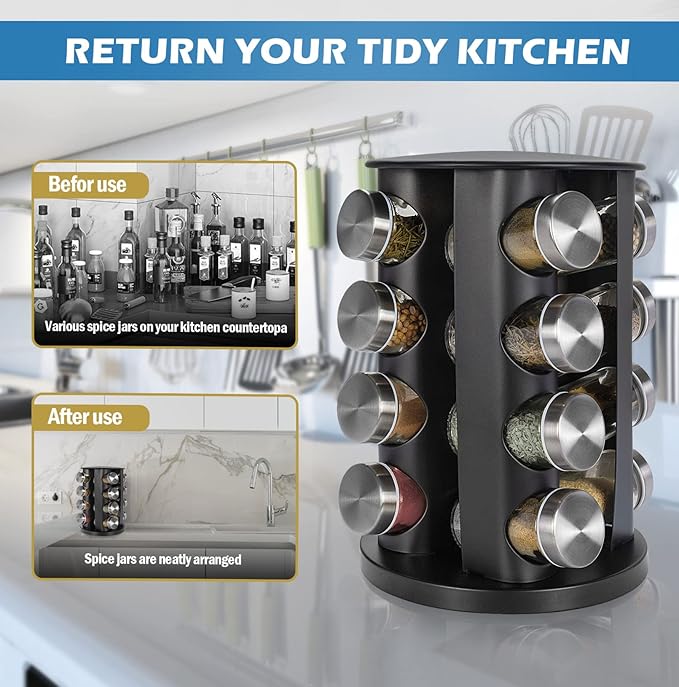 Black Countertop Rotating 16-Jars Revolving Spice Rack Organizer Tower , 135 Spice Labels with Funnel Complete Set, Seasoning Organizer for Kitchen Countertop, Cabinet