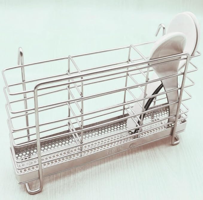 Utensil Holder, 304 Stainless Steel Rust Free Cutlery Utensil Holder, 3 Divided Compartments Silverware Organizer Rack, with Hooks Removable Drying Rack for Kitchen Organization(Silver)