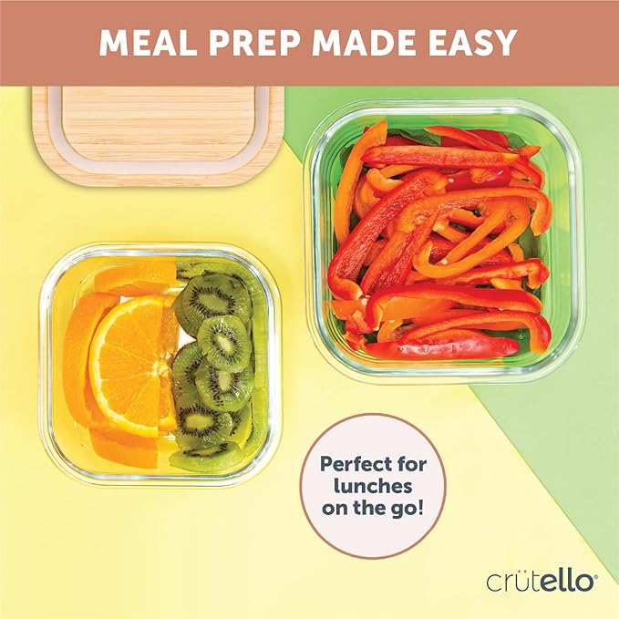Crutello Glass Storage Containers with Bamboo Lids - Eco-Friendly Non Toxic Meal Prep Jars with Wooden Lid for Fridge and Kitchen Organization - Non Plastic Container for Fruit Bowls 2 Pack