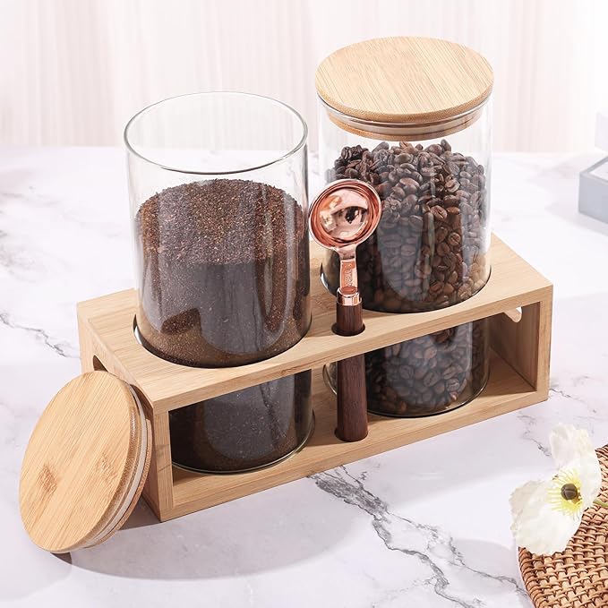 ZOMUIA Glass Coffee Containers Airtight Coffee Bean Storage Jars with Shelf, 2Pcs 44oz Coffee Station Organizer Coffee Canisters, Kitchen Food Storage Jars for Coffee, Sugar, Candy, Oats, Nuts