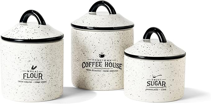 American Atelier Canister Set 3-Piece Ceramic Jars in Small, Medium, Large with Airtight Lids for Cookies, Candy, Coffee, Flour, Sugar, Rice, Pasta, Cereal & More (Hometown Coffee House)