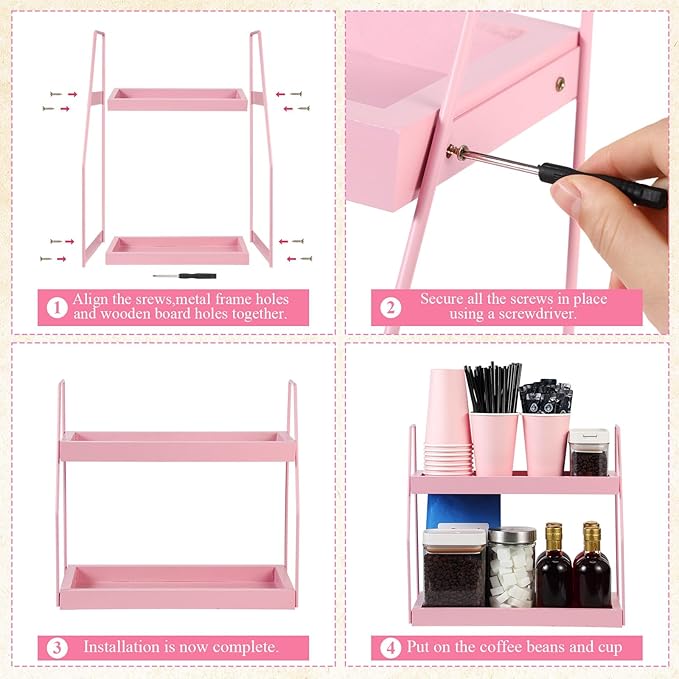 Countertop Coffee Station Organizer, 2 Tier Pink Wooden Shelf for Coffee Bar Accessories, Condiment Storage Caddy for Kitchen, Bathroom, Office