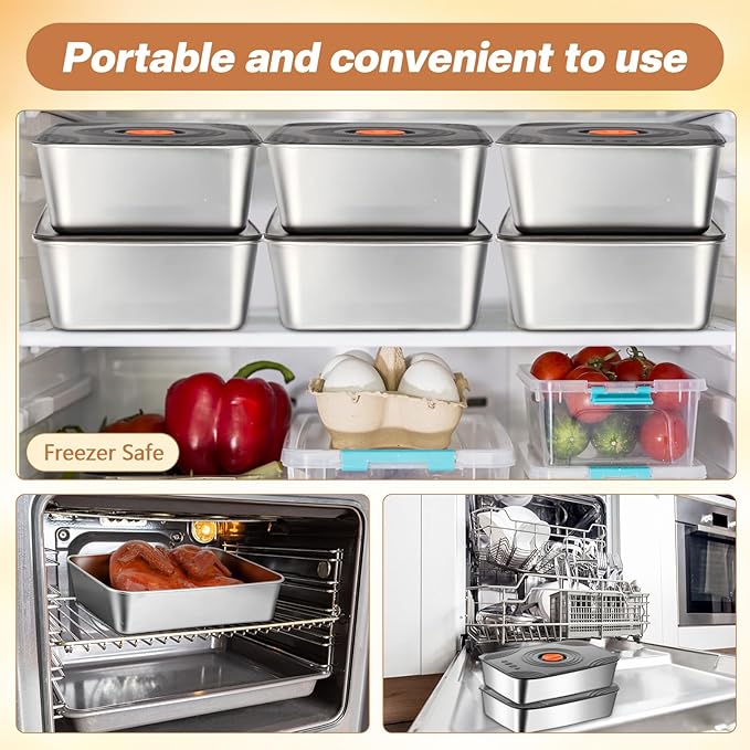 8 Set 60oz Stainless Steel Food Storage Containers Reusable Metal Meat Marinating Container with Lids Fruit Lunch Storage Box for Leftovers,dishwasher and Freezer Safe 1800ml