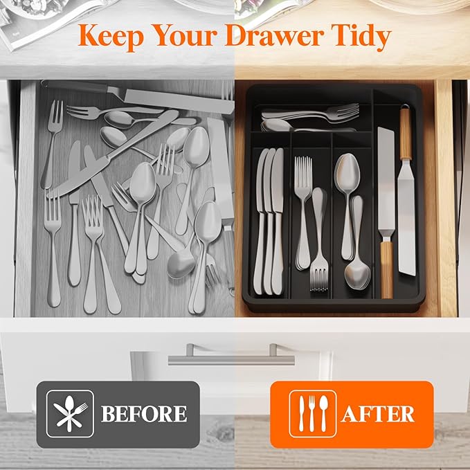 Lifewit Silverware Tray, Deep Wide Cutlery Drawer Organizer Storage for Kitchen, Plastic Flatware Utensil Holder Divider for Spoons Forks Knives Tableware, 5 Compartment, Black