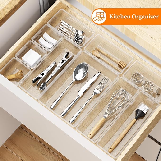 32 PCS Clear Plastic Drawer Organizer Set, 4-Size vanity organizer Trays and Storage Bins for Makeup, Jewelry and Gadgets in Bedroom, Bathroom and Office, Clear