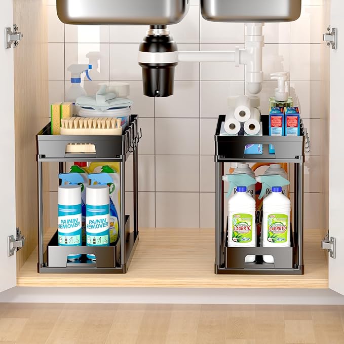 2 Pack Under Sink Organizers and Storage, Double Sliding Kitchen Bathroom Cabinet Organizer, 2 Tier Under Sink Storage for Kitchen Bathroom, Black Under Cabinet Organizer with Hooks