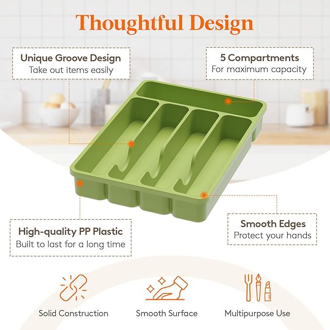 Lifewit Silverware Organizer with Lid, Covered Utensil Tray for Kitchen Drawer and Countertop, Plastic Cutlery and Flatware Storage Box for Spoons Forks Knives Holder Case, 5 Compartments, Green