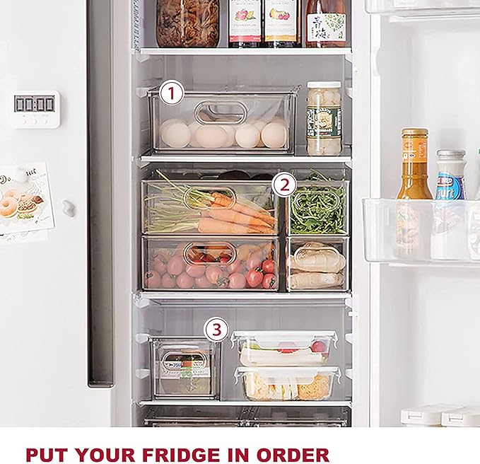 3 Pack Refrigerator Organizer Bins with Pull-out Drawer, Large Stackable Fridge Drawer Organizer Set with Handle, Drawable Clear Storage Cases for Freezer, Cabinet, Kitchen, Pantry Organization