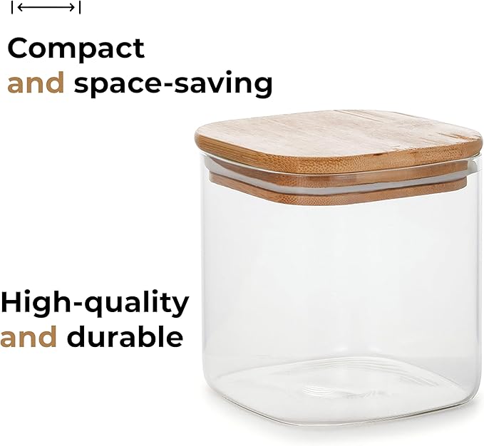 18.6oz Square Borosilicate Glass Canister With Bamboo Lid, Airtight Pantry Storage Jar Containers Ideal for Rice, Candy, Sugar, Flour, Nuts, Cookies and Coffee Beans (4 Pack)