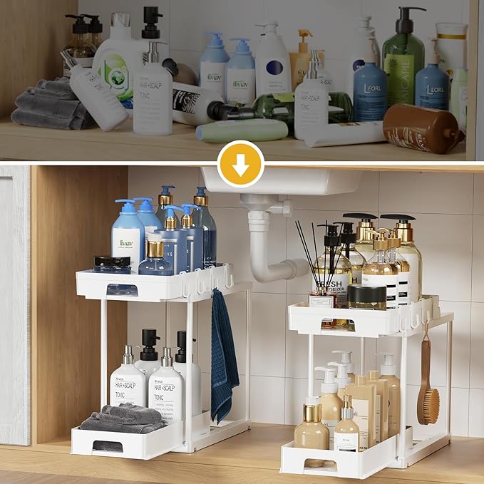 Delamu Under Sink Organizers and Storage, 2 Pack Pull Out Kitchen Bathroom Cabinet Organizer, 2 Tier White Under Sink Storage for Bathroom Kitchen, Under Counter Storage Organizer with 8 Hooks