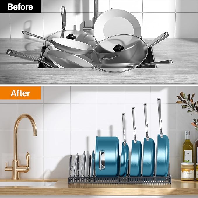 ORDORA Pots and Pans Organizer Under Cabinet, Expandable Cutting Board Pot Lid Organizer for Cabinet Holder with 10 Adjustable Dividers for Kitchen Storage