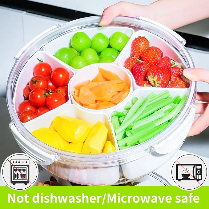 2 Pack Veggie Tray with Lid for Fridge, Clear Divided Serving Tray with Dip Snackle Box Container 6-Compartment Snack Storage for Party, Reusable Dinner Fruit Platter for Refrigerator Organizer Bins