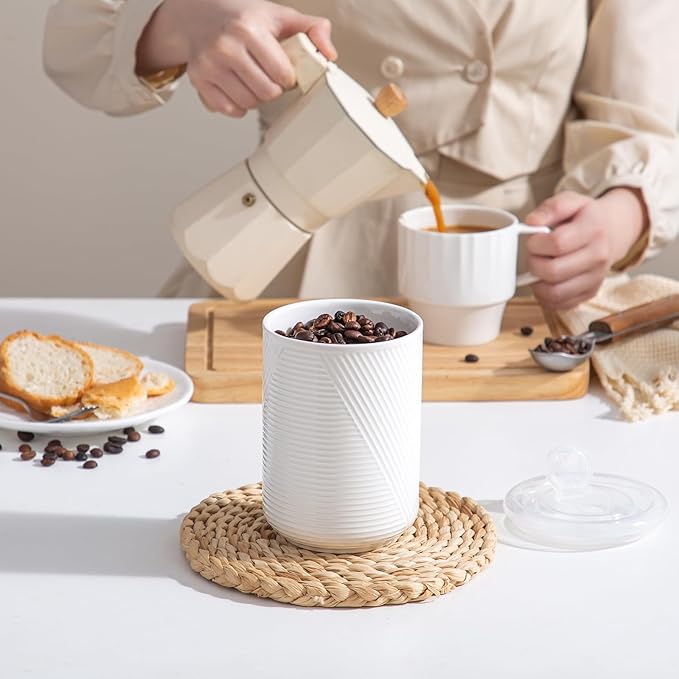 Canister Sets for Kitchen Countertop: Ceramic Food Storage Jar with Airtight Lids - Large Seal Damp-proof Containers for Coffee Tea Flour Sugar Rice Cookies Candy - White (23 oz)