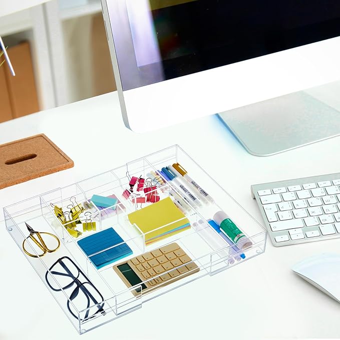 1 Pc Acrylic Desk Drawer Organizer Maximum Expandable Drawer Organizer Trays with 8 Adjustable Compartments Desk Accessories for Makeup Silverware Office Bathroom (Clear,Classic)