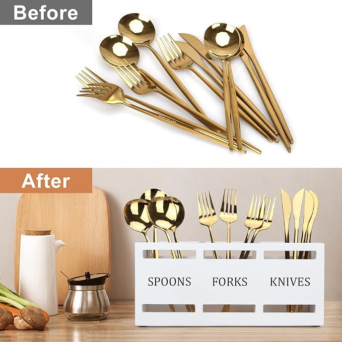 Wooden Silverware Cutlery Holder White Flatware Caddy Small Kitchen Utensil Holders for Party Wood Silverware Organizer Storage for Table Countertop Spoon and Fork Holder Utensils Caddy Basket