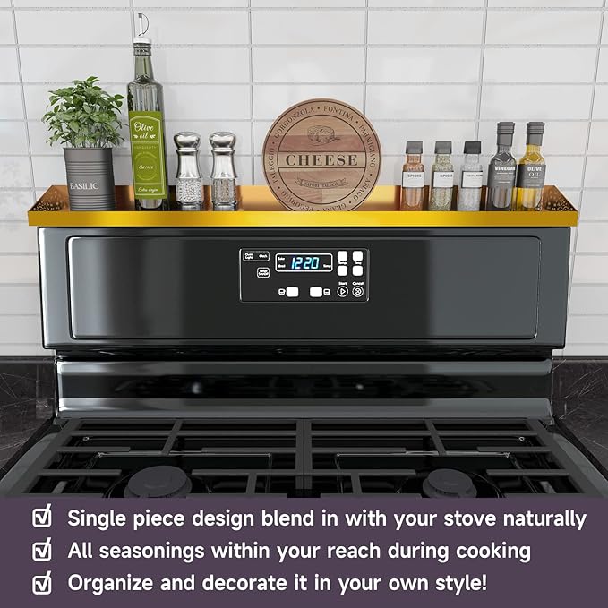 Stove top Shelf, 30" Length, Magnetic Spice Rack Over the Stove, Oven Shelf for top of Stove, Magnetic Spice Shelf, Gold Kitchen Organizers and Storage (Gold)