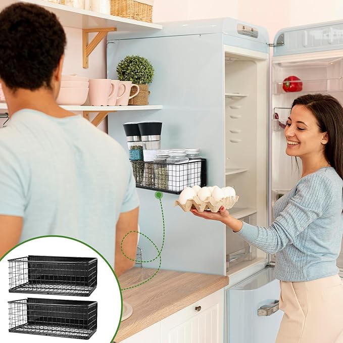 2 Pack Magnetic Basket for Fridge Magnetic Fridge Shelf Versatile Metal Organizer Storage Bin Moveable Strong Magnetic Spice Rack Organizer for Home Kitchen Office Refrigerator Holds