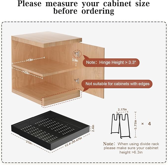 4 Pack Pull out Cabinet Organizer 21"Deep with Raising Pad for Framed Cabinets, Expandable Slide out Drawers for Kitchen Cabinets with 4pcs Divider Racks, Roll out Shelves 12.1"-20.4" W Black