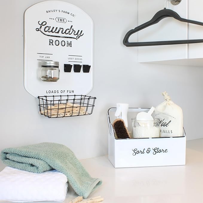 AuldHome Design Enamelware Rustic Caddy w/Handle, Distressed White Farmhouse Sort and Store Carryall