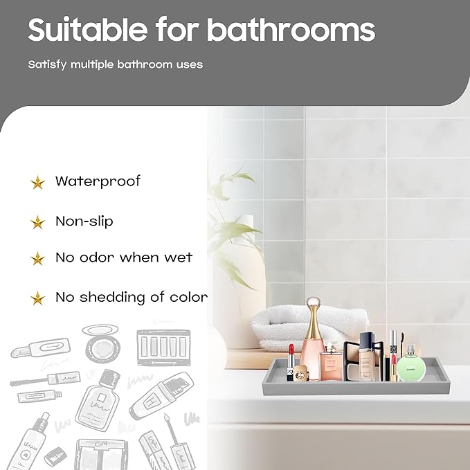 Vanity and Bathroom Tray, 15" ABS Countertop Organizer,Waterproof Vanity Tray for Toilet Tank,Perfume,Soap,Keys,Bathroom Accessories,Kitchen and Bath Trays,Non Slip Small Trays,Gray,2 Pack