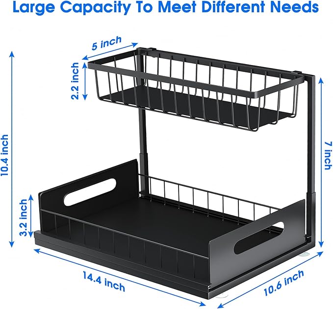 Under Sink Organizer, 2 Tier Under Sink Organizers and Storage Multi-Purpose Under Sink Storage for Bathroom Kitchen (Black)