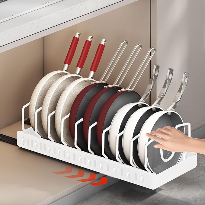 Pull-Out Pots and Pans Organizer Under Cabinet, Pot and Pan Organizers Inside Cabinet for Kitchen Cabinet Storage and Pots Storage Rack Pans Lid Dishes Holder Bakeware Organizer (white)