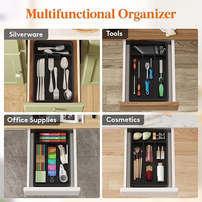 Lifewit Silverware Tray, Cutlery Drawer Organizer Storage for Kitchen, Plastic Flatware Utensil Holder Divider for Spoons Forks Knives Tableware, 4 Compartment, Black