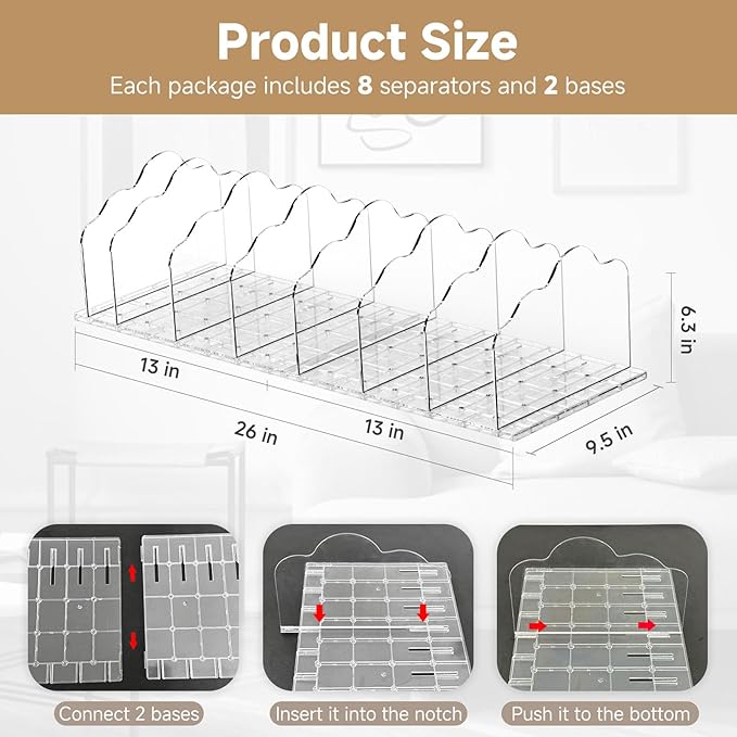 Purse Organizer for Closet, Acrylic Clear Shelf Dividers for Closet Organization, Adjustable Bag Organizer for Women, Bedroom, Bathroom, Kitchen, Office, Study (8 Panels)