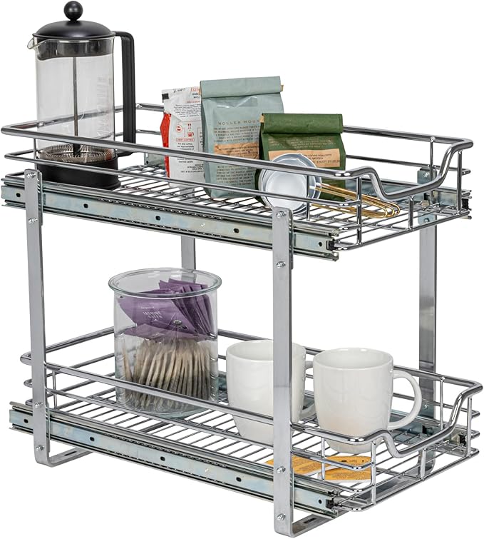 Household Essentials Glidez Slide Out Cabinet Organizer, 11.5” Wide, Durable Chrome-Plated Steel Frame,Dual Baskets & Smooth Glides,Heavy-Duty & Space-Optimizing,Simple Assembly & Installation, Chrome