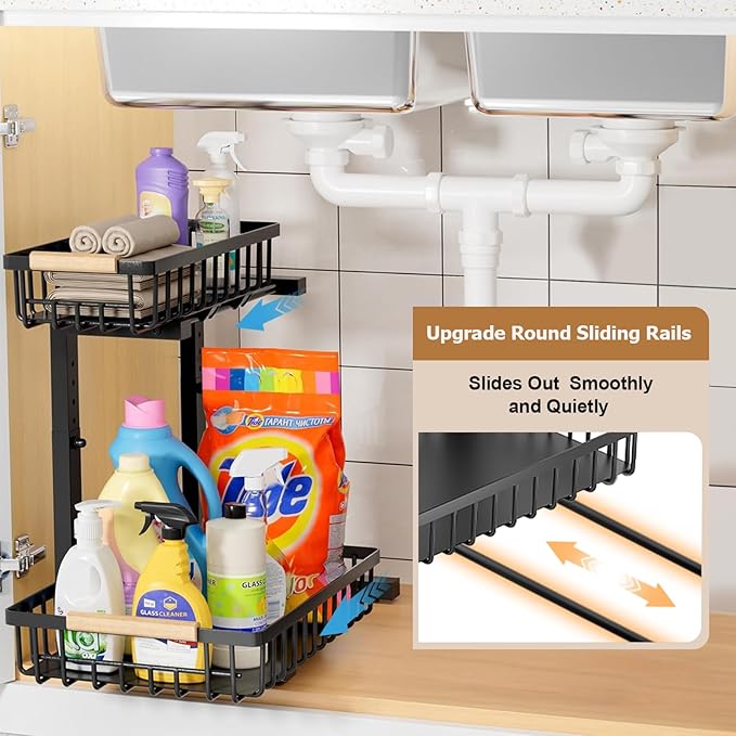 2 Pack Under Sink Organizer, Metal Slide Out Under Sink Organizers and Storage Shelves, Height Adjustable Pull Out Under Cabinet Organizer, Under Sink Storage for Kitchen, Bathroom (Black)