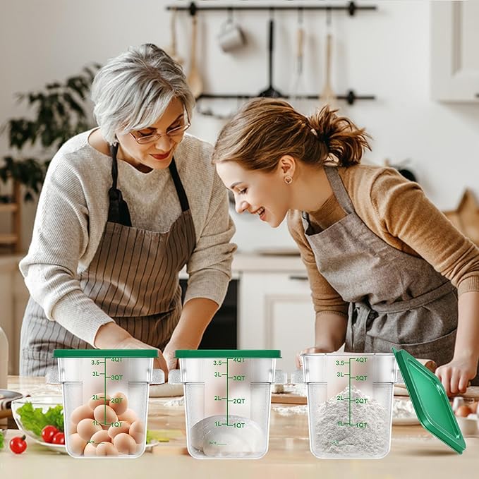 4 pcs 4qt Food Storage Containers with Lid, Square Clear Commercial Food Storage Containers with Handle and Scale for Food Storage in Home Kitchen & Dining (Green)
