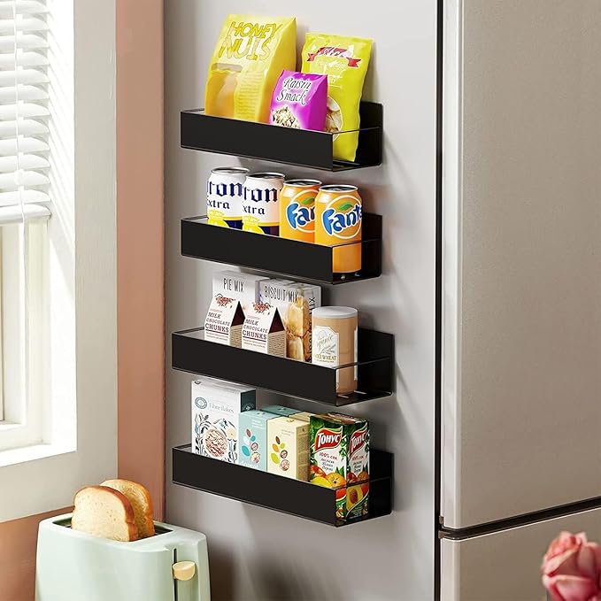 4 Pack Magnetic Spice Storage Rack Organizer for Refrigerator and Oven, Moveable Magnetic Spice Organizer, Black Metal Strong Magnetic Shelf for Fridge and Microwave Oven