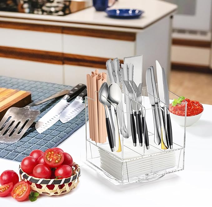 Swivel Utensil Holder, Acrylic Rotating Silverware Caddy Holder for Party, Countertop Flatware Caddy Cutlery Holder for Kitchen, Clear Napkin Holder Table Organizer Holds Fork, Spoon, Knife
