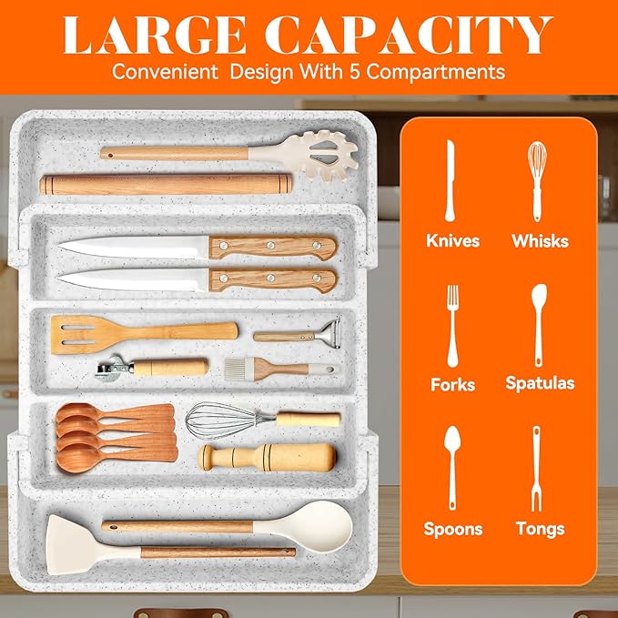 Utensil Drawer Organizer for Kitchen Cutlery, Expandable Large Silverware Organizer, Adjustable Cooking Utensil Tray, Plastic Spatula Tools and Gadgets Storage Divider, Marble Design, White