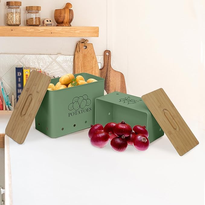 Potato Onion Kitchen Storage Canisters,Storage Bin For Kitchen 2 Pack Set,potatoe, Potato Storage Box,storage And Long Shelf Life With Aerating Tin Storage Holes-Green
