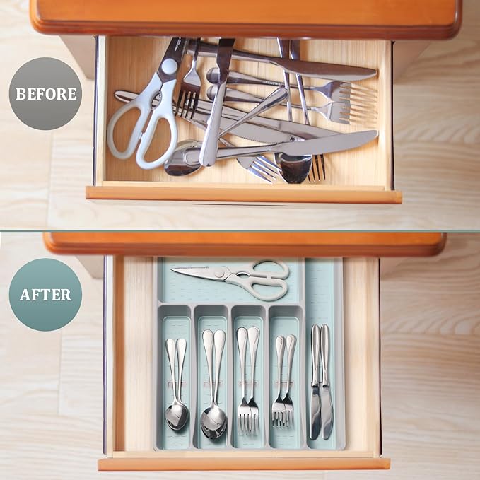 Silverware Organizer with Cutlery Icons,Silverware Tray for Kitchen Drawer,Plastic Flatware Tableware Cultery Drawer Organizer Utensil Organizer with Non-slip TPR Linings,6-Compartment