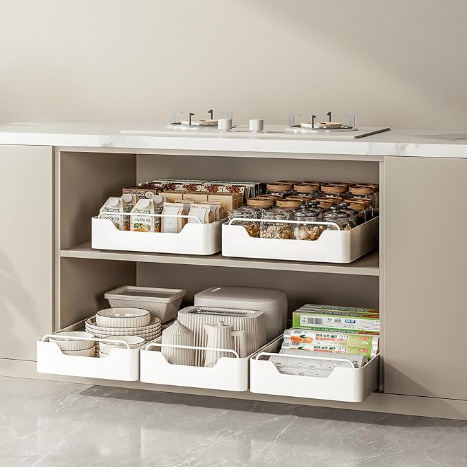 Pull Out Cabinet Organizer Fixed with Adhesive Nano Film, Heavy Duty Slide Out Pantry Shelves, Holds Cutlery, Spice Bottles, Sliding Drawer Storage Rack for Kitchen, Home (12.2'' Width)…