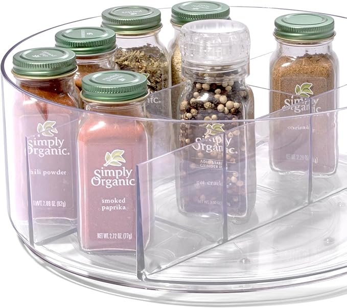 BINO Plastic Round Turntable Organizer with 5 Compartments - Clear | Spinning Divided Turntable Container | Rotating Organizer Storage for Bottle Condiments Fridge Kitchen Counter Pantry Bathroom