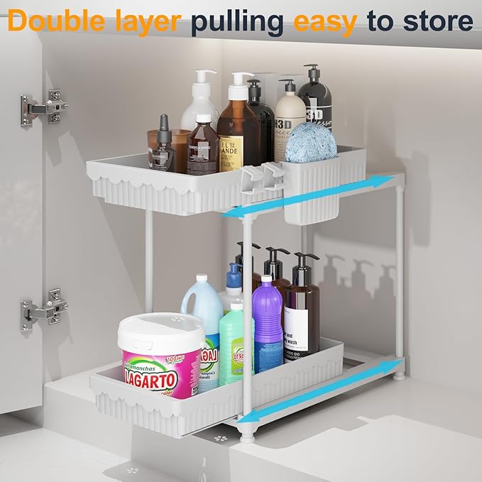 2 Pack Double Sliding Under Sink Organizers and Storage, 2 Tier Under Bathroom Cabinet Shelf Organizer with Hooks Hanging Cup, Home Organization, White