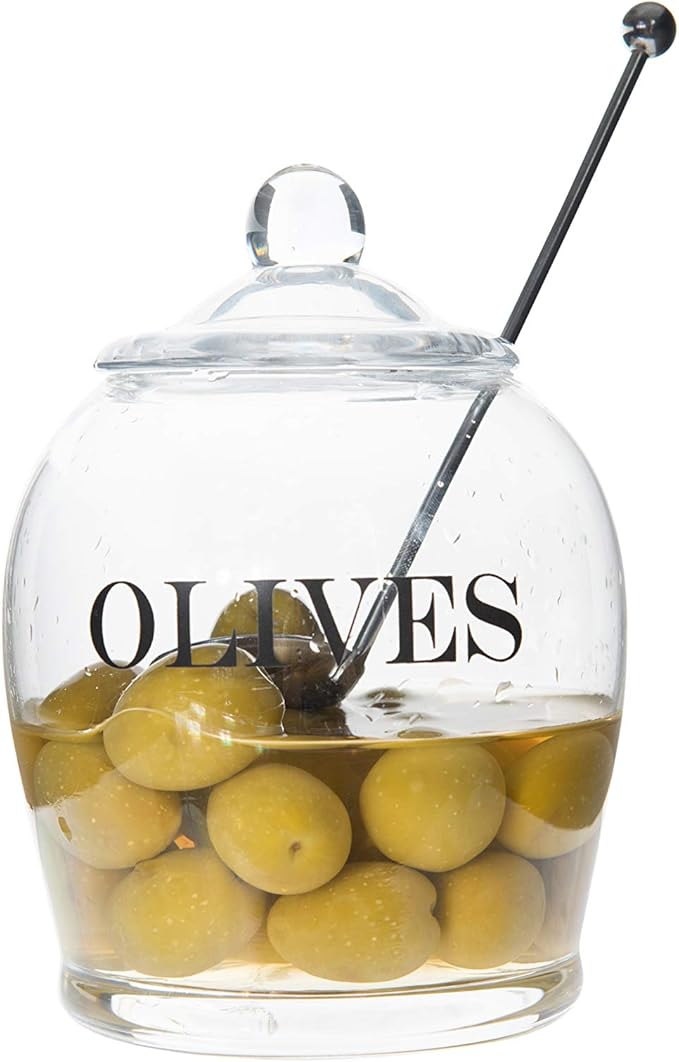 Creative Co-Op Clear Glass "OLIVE" Jar with Lid & Slotted Stainless Steel Spoon (Set of 3 Pieces including Lid)