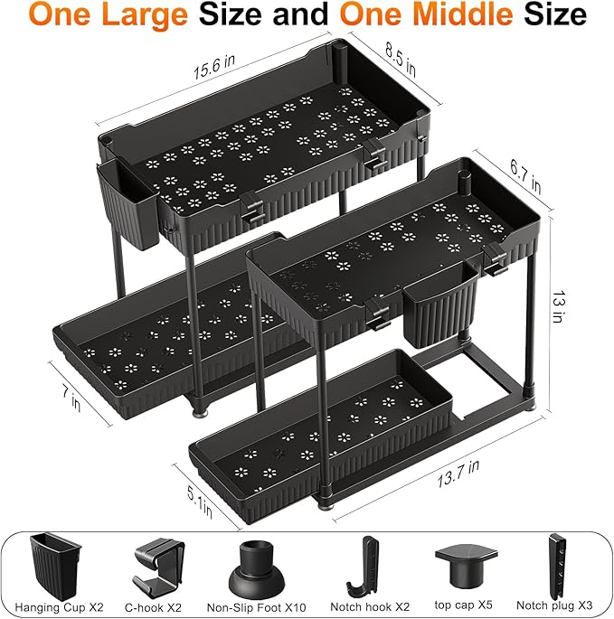 2-Pack Under Sink Organizer, 2-Tier Pulled Out Multi-Use Kitchen Bathroom Organizers and Storage,Bathroom Cabinet Organizer with Cup and Multi-Type Hooks (Black)