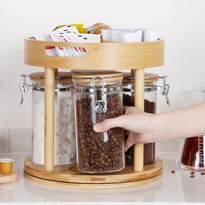 KKC HOME ACCENTS Coffee Tea Bar Accessories Organizer for Countertop,Coffee Bar Lazy Susan Organizer with 4 Airtight Glass Canisters for Countertop,2 Tier,Bamboo