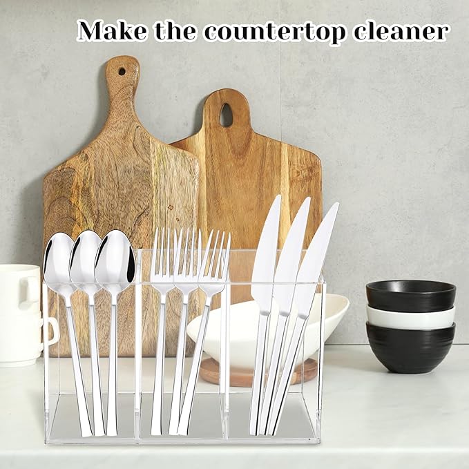 Rainmae 2Pack Acrylic Cutlery Storage Organizer, Plastic Cutlery Utensil Holder Storage Organizer Caddy for Kitchen Countertop Organization, Holds Fork, Knife, Spoon, Silverware Tableware Storage Box
