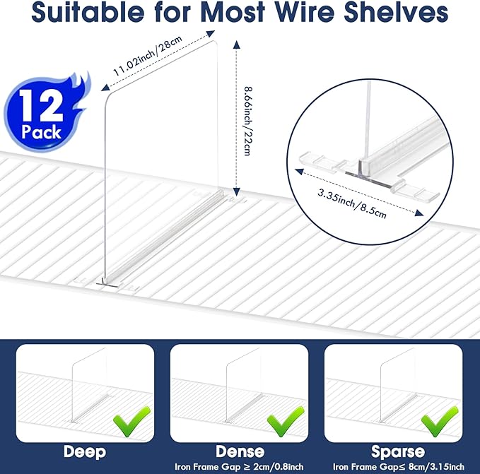 SSAWcasa Acrylic Shelf Dividers for Wire Shelves, 12 Pack Shelf Dividers for Closet Organization, Clear Wire Shelving Organizer Separator Sweater Storage Rack in Cabinet Kitchen Bedroom Office Pantry